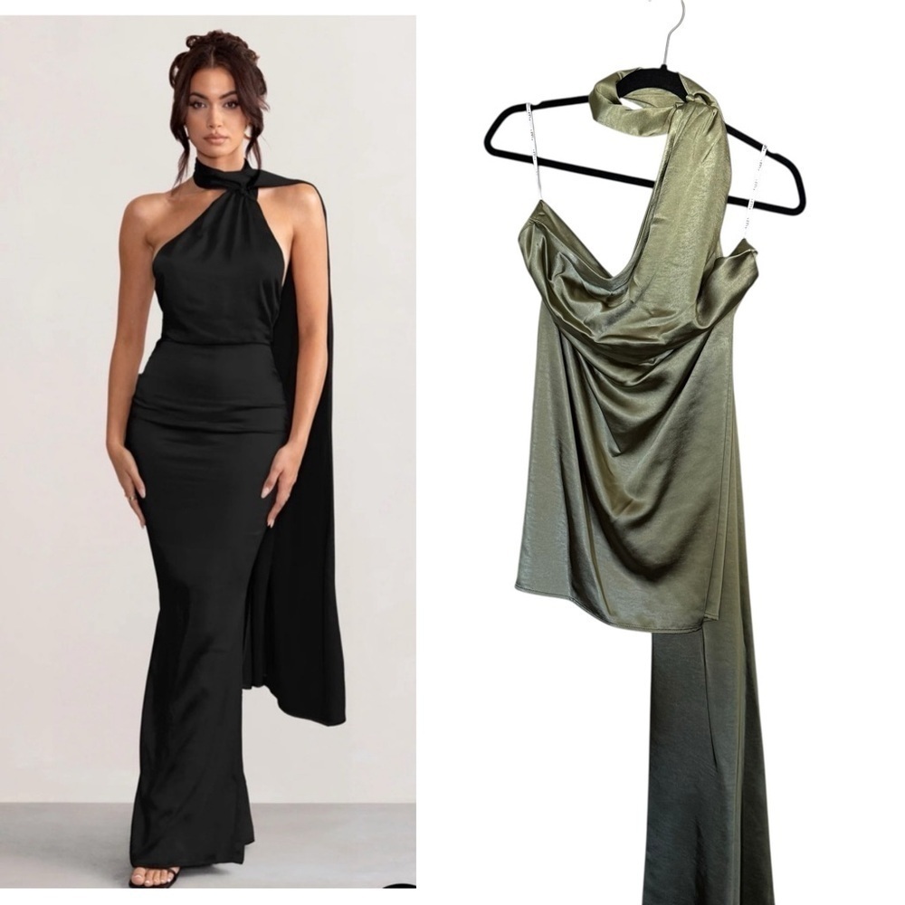 Club L London MADEMOISELLE SATIN ASYMMETRIC SCARF NECK BACKLESS Mini DRESS